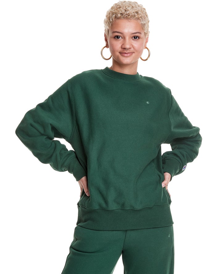 Champion Reverse Weave Boyfriend Crew - Naisten TummanVihreä Collegepaita - Suomi 5823790-LA